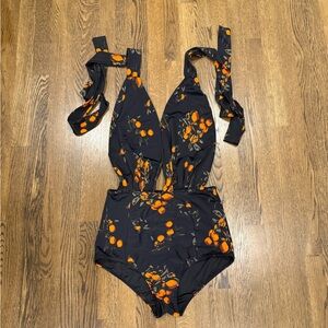 COCOSHIP Black One-Piece Swimsuit with Orange Floral Print